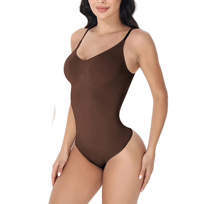 V-Neck Spaghetti Strapped Compression Body Suits: Open Crotch Shapewear/ Slimming Body Shaper/ Smooth Out Bodysuit